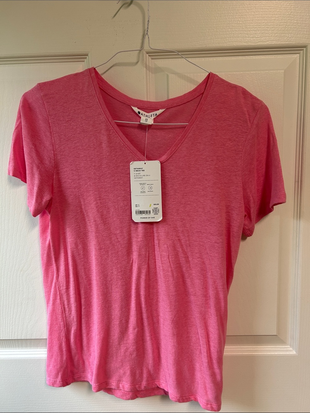 ATHLETA Pink Getaway Linen Blend V-Neck Tee Short Sleeve Minimalist XS NWT